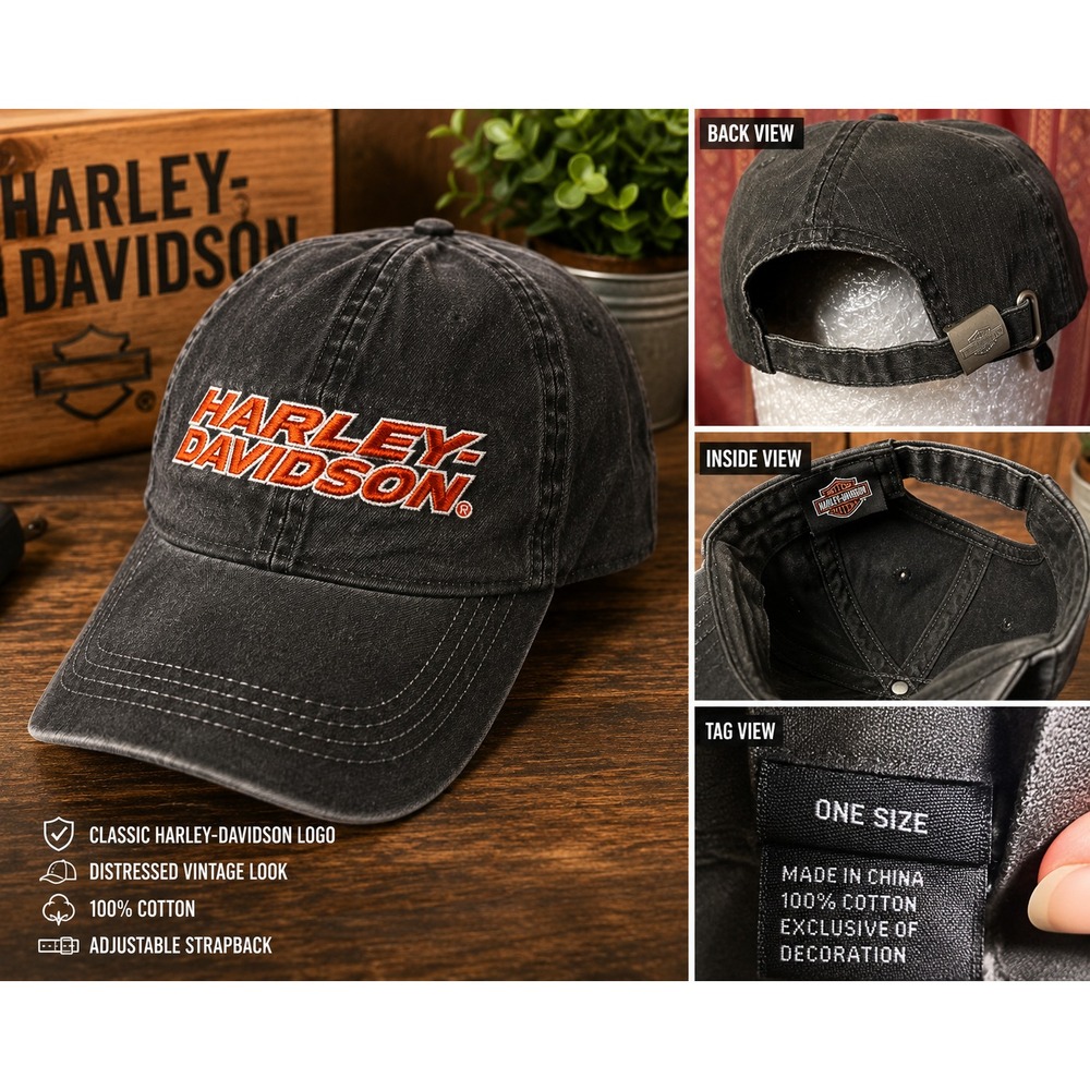 Harley Davidson Black Distressed Baseball Cap Orange Logo‎ Adjustable Strapback